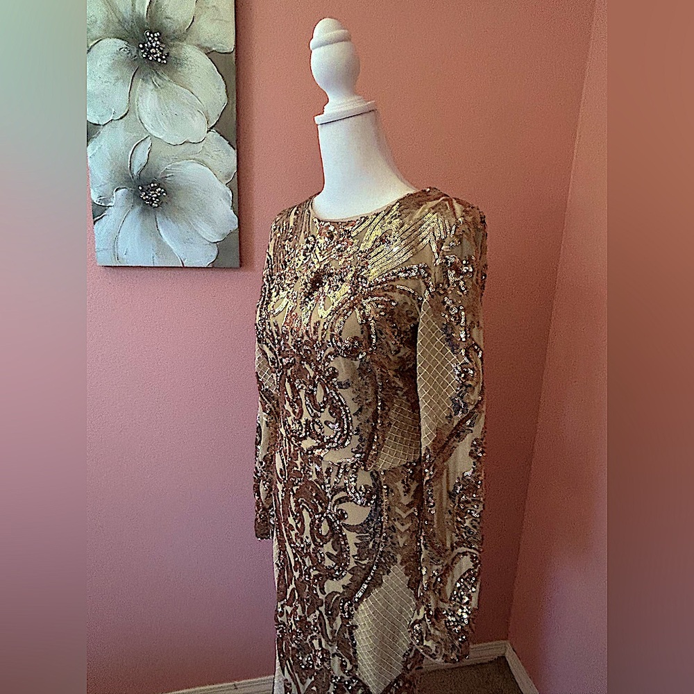 Betsy & Adam elegant vintage glamour long sleeve Sequined Gown in Champagne, 8 - Picture 5 of 12